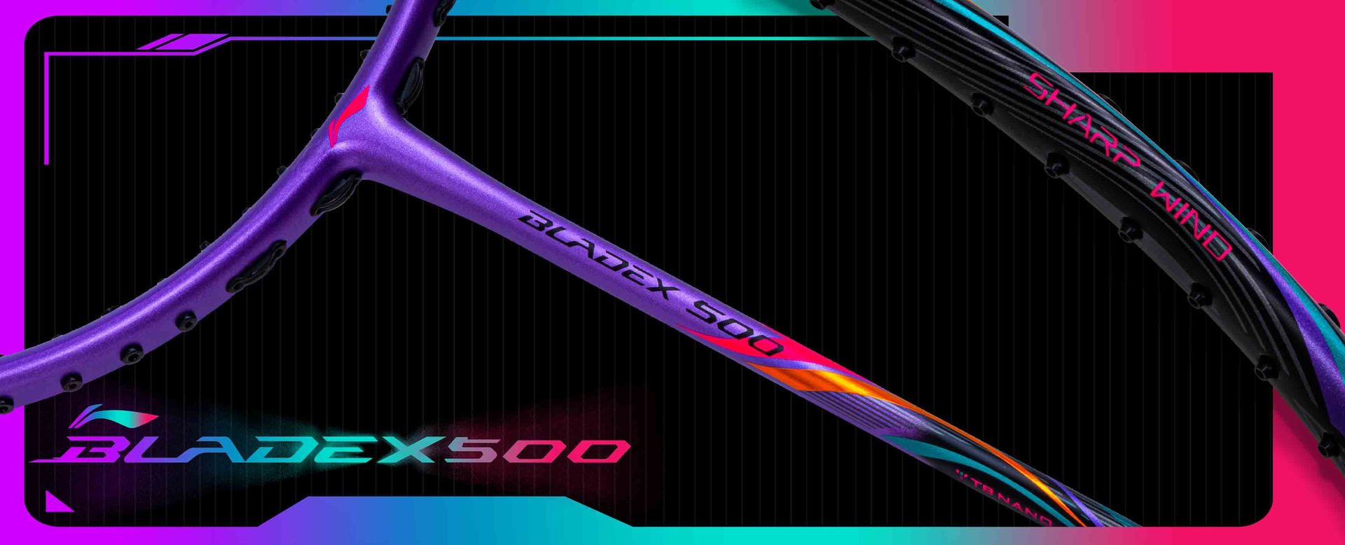 Close up of Blade X 500 Badminton racket head by Li-Ning Studio